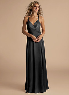 Azazie Davis Bridesmaid Dresses Black A-Line Pleated Metallic Satin Dress image4