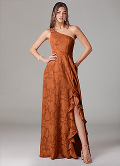 Azazie Ellianna Bridesmaid Dresses Burnt Orange A-Line One Shoulder Floral Burnout Dress image1