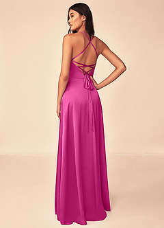Azazie Mei Bridesmaid Dresses Fuchsia A-Line V-Neck Stretch Satin Dress image2