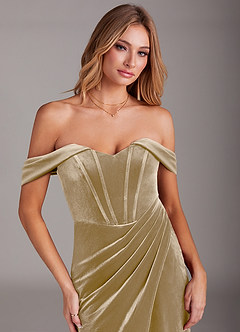 Azazie Jas Brautjungfernkleider Wandelbar Etui Schulterfreies Korsett Samt Kleid Goldene Bräune image5