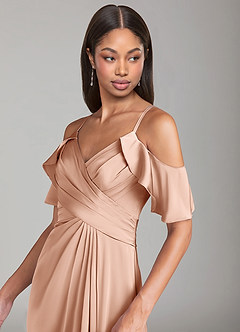 Azazie Dakota Robes de demoiselle d'honneur Robe Trapèze en Satin extensible Épaule décolletée Or Rose image5