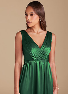 Azazie Tanicia Bridesmaid Dresses Dark Green A-Line Pleated Metallic Satin Dress image2