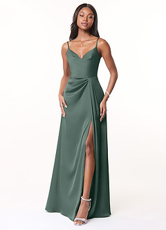 Azazie Brielle Vestidos de damas de honor Vestido de Musgo Marino de Satén Elástico de Corte en A con Tirantes finos con capucha image1