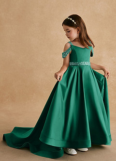 Azazie Jodi Blumenmädchenkleider A-Linie Matte Satin Kleid Smaragd image1
