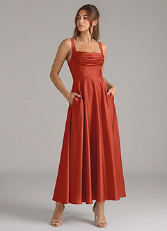 Azazie Shaude Robes de demoiselle d'honneur Robe Trapèze en Satin extensible Plissée Rouille image3