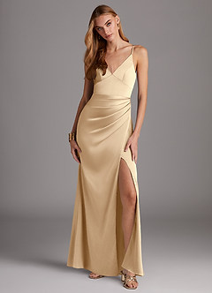 Azazie Shania Bridesmaid Dresses Champagne Sheath V-Neck Pleated Stretch Satin Dress image1