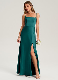 Azazie Lidia Bridesmaid Dresses Peacock Mermaid Side Slit Stretch Satin Dress image1