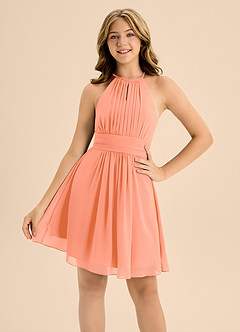 Azazie Bonnie Junior A-Linie Plissee Chiffon Kleid Sonnenuntergang image5