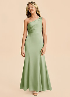 Azazie Ren Junior Dusty Sage A-Line Pleated Stretch Satin Dress image5