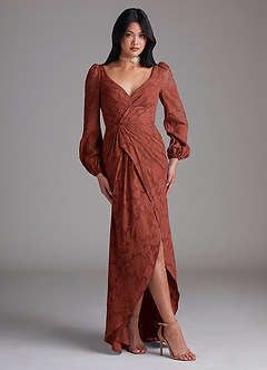 Azazie Mel Bridesmaid Dresses Terracotta Sheath Long Sleeve Floral Burnout Dress image4