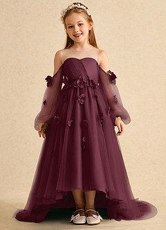 Azazie Karrie Flower Girl Dresses Cabernet A-Line with Sleeves Tulle Dress image1
