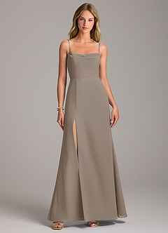 Azazie Tahlia Bridesmaid Dresses Taupe A-Line with Belt Chiffon Dress image4