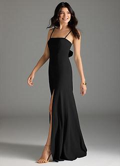 Azazie Melia Bridesmaid Dresses Black A-Line Bow Stretch Crepe Dress image3