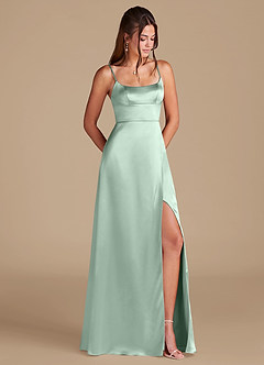 Azazie Halsey Brautjungfernkleider A-Linie Seitliche Cut-Outs Metallischer Satin Kleid Agave image1
