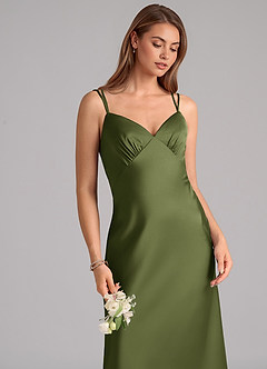 Azazie Suttona Bridesmaid Dresses Olive A-Line Pleated Stretch Satin Dress image7