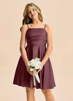 Azazie Miko Junior Linia A Pofałdowany Satyna elastyczna Mini Młodsza druhna Sukienka image6