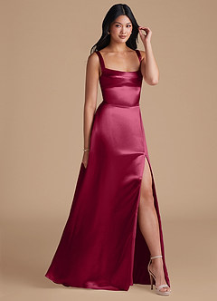 Azazie Hope Bridesmaid Dresses Burgundy A-Line with Pockets Metallic Satin Dress image1