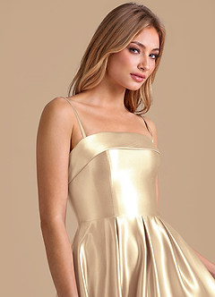 Azazie Lucienne Bridesmaid Dresses Gold A-Line Pleated Metallic Satin Dress image7