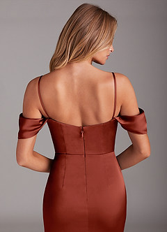 Azazie Saige Bridesmaid Dresses Terracotta Sheath Off the Shoulder Stretch Satin Dress image8