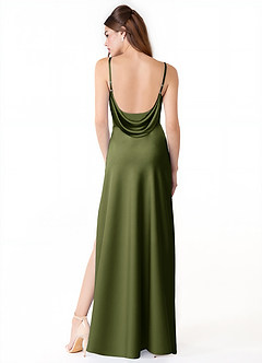 Azazie Alaija Bridesmaid Dresses Olive Mermaid Side Slit Stretch Satin Dress image4
