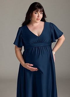 Azazie Verna Maternity Bridesmaid Dresses A-Line Ruched Stretch Satin Floor-Length Dress image15