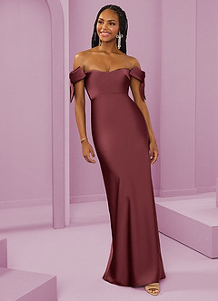 Barbie ♥ Azazie Bridesmaid Dresses Merlot Sheath Off the Shoulder Stretch Satin Convertible Dress image10