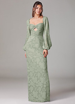 Azazie Lainie Bridesmaid Dresses Agave Sheath Long Sleeve Floral Burnout Dress image6