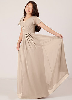 Azazie Peony Junior Robe Trapèze en Mousseline de soie Plissée Taupe image4