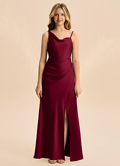 Azazie Abby Junior Burgundy Sheath Pleated Stretch Satin Dress image5