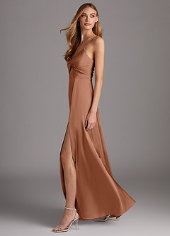 Azazie Jenna Bridesmaid Dresses Bronzer A-Line Pleated Stretch Satin Dress image3