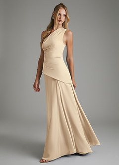 Azazie Holly Bridesmaid Dresses Champagne A-Line Corset Chiffon Dress image4