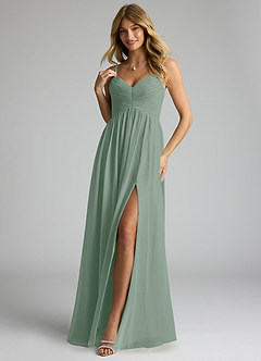 Azazie Alia Vestidos de damas de honor Vestido de Salvia Plateada de Gasa de Corte en A con Plisado image3