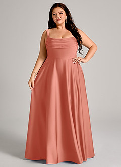 Azazie Shaude Bridesmaid Dresses Salmon Pink A-Line Pleated Stretch Satin Dress image12