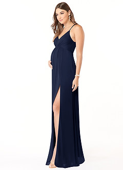 Azazie Annabelle vestidos de dama de honor de maternidad Vestido de Acampanado Cuello en V plisado Largo hasta el piso Malla image4