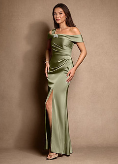 Azazie Altonia Mother of the Bride Dresses Pistachio Mermaid Off the Shoulder Stretch Satin Dress image5