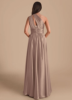 Azazie Charlize Bridesmaid Dresses Taupe A-Line One Shoulder Metallic Satin Dress image2