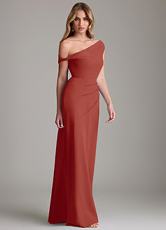 Azazie Emerson Bridesmaid Dresses Terracotta Sheath Off the Shoulder Chiffon Dress image5