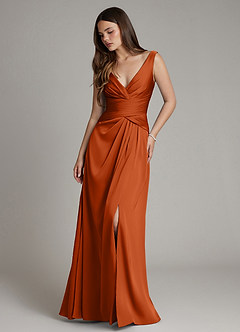 Azazie Pauline Vestidos de damas de honor Vestido de Naranja Quemada de Satén Elástico de Línea A con Plisado image1