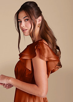Azazie Daphne Modest Bridesmaid Dresses A-Line Ruched Metallic Satin Floor-Length Dress image5