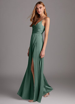 Azazie Calissa Robes de demoiselle d'honneur Robe Trapèze en Satin extensible Col V plissé Eucalyptus image4