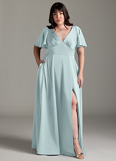 Azazie Kimber Bridesmaid Dresses Mist A-Line Ruched Stretch Satin Dress image1