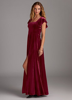 Azazie Bondi Vestidos de damas de honor Vestido de Borgoña de terciopelo de Corte en A con Corte Lateral image5
