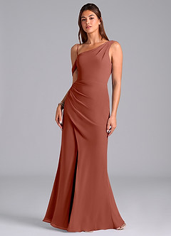 Azazie Madelyn Bridesmaid Dresses Auburn Mermaid Off the Shoulder Chiffon Convertible Dress image4