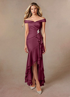Azazie Billings Mother of the Bride Dresses Mulberry Mermaid Off the Shoulder Stretch Satin Dress image5
