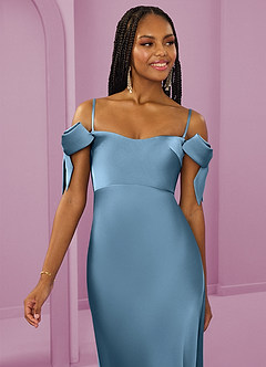 Barbie ♥ Azazie Bridesmaid Dresses Steel Blue Sheath Off the Shoulder Stretch Satin Convertible Dress image3