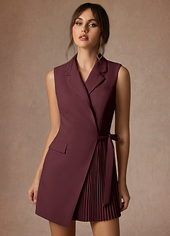 front Alina Cabernet Refined Weave Pleated Wrap Blazer Dress
