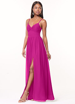 Azazie Zeya Vestidos de damas de honor Vestido de Fucsia de Gasa de Corte en A con Cuello en V plisado image4