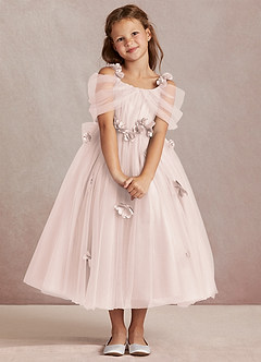 Azazie Shaylee Robe Demoiselle D'honneur Fillette Robe Trapèze en Tulle Épaule décolletée Rose Pétale image1