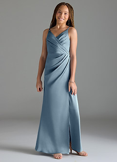 Azazie Maci Junior Dusty Blue Mermaid Pleated Stretch Satin Dress image1