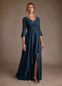 Azazie Eire vestidos de madre de la novia Vestido Azul Marino Oscuro de Gasa de Corte en A con Plisado image1